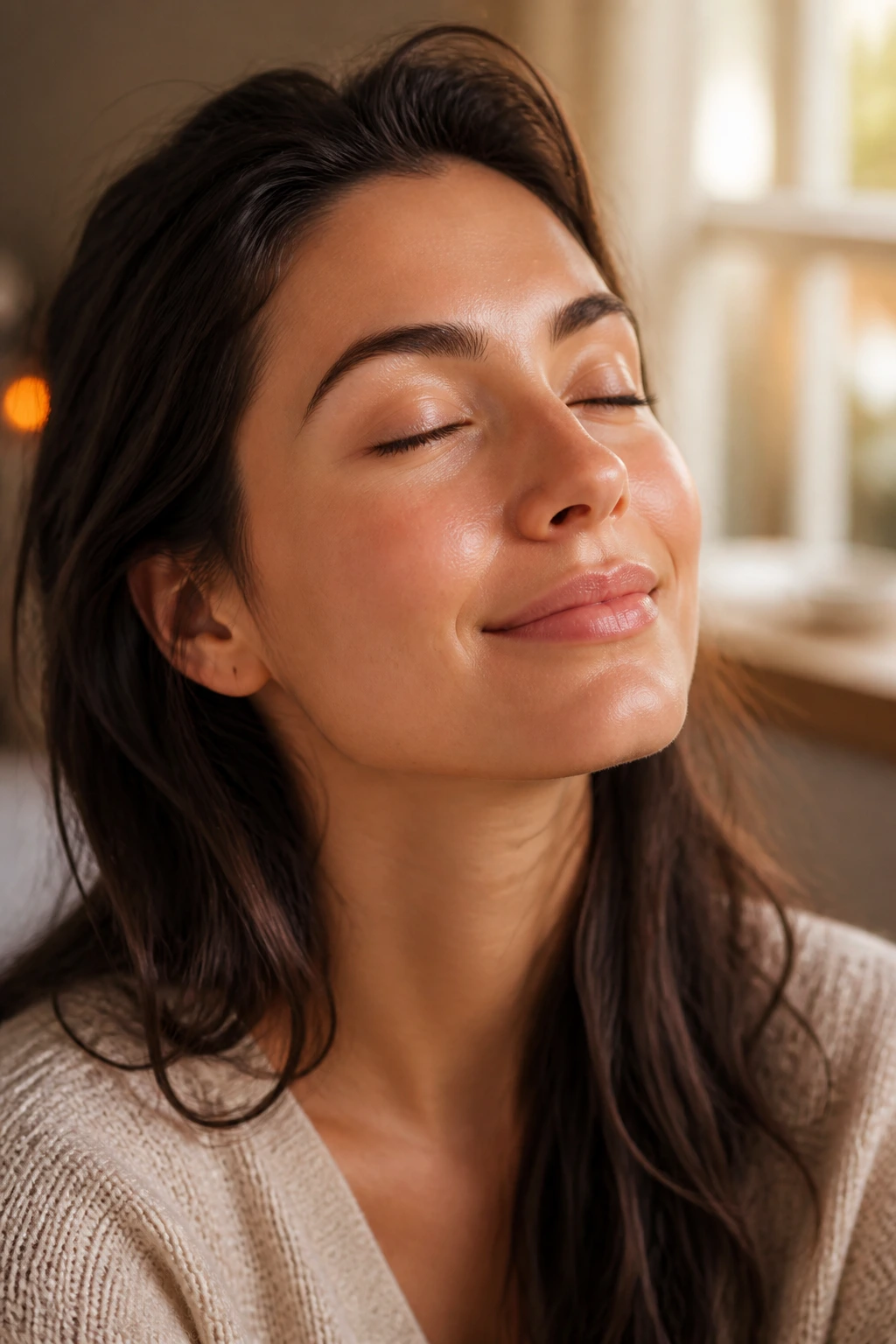 Calm, clear-skin portrait of a person in soft indoor light