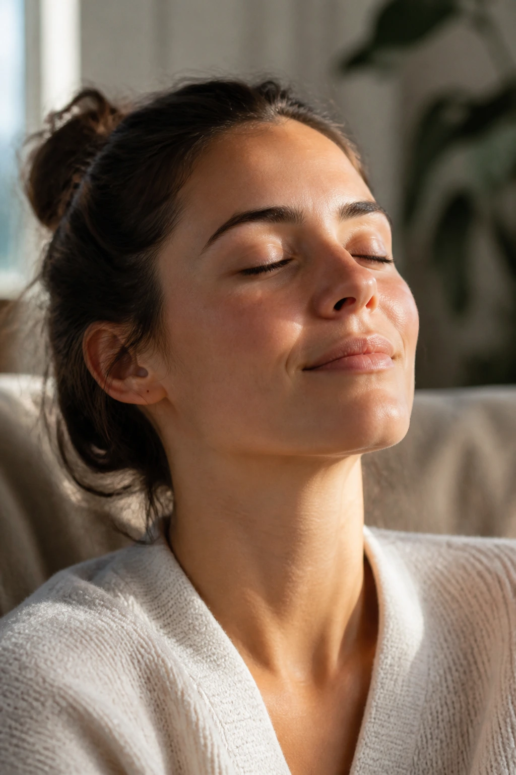 10 Surprising Benefits Of Eating Watermelon At Night 1 Close-up of a calm person with serene expression in warm window light.