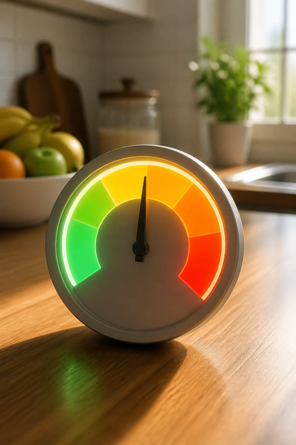 Abstract energy gauge representing calories on a kitchen counter