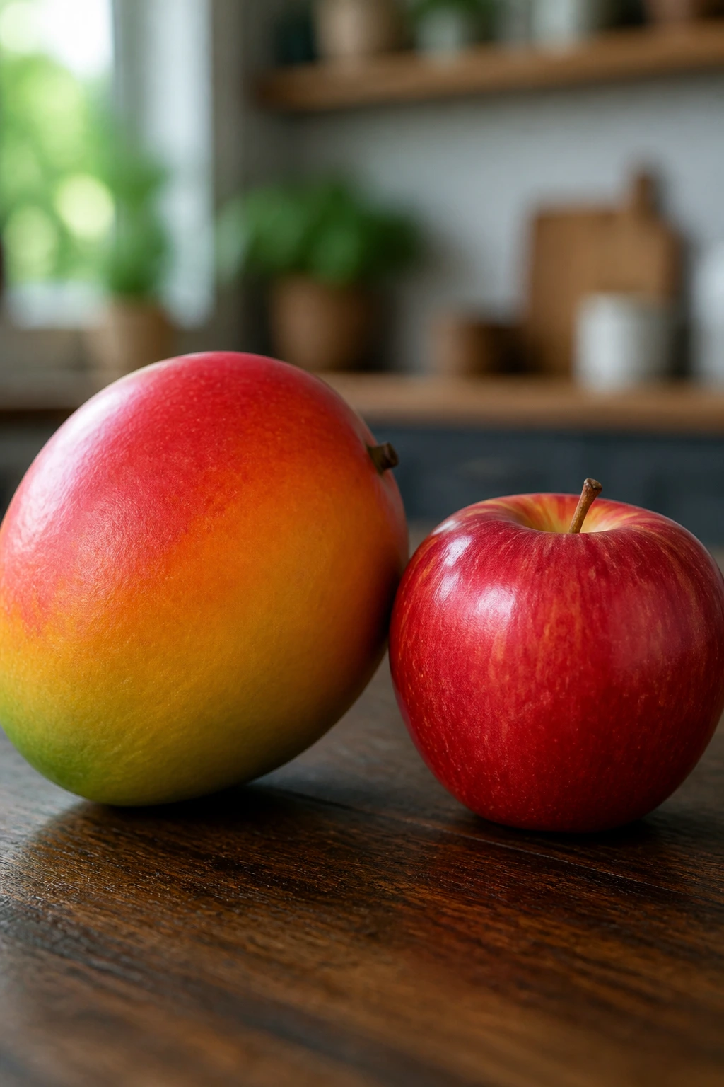 Mango and apple on wood surface illustrating calorie-conscious choice