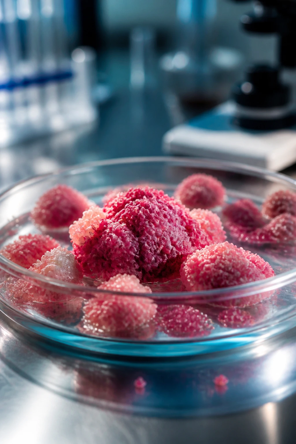 Macro view of cancer cells in a petri dish.
