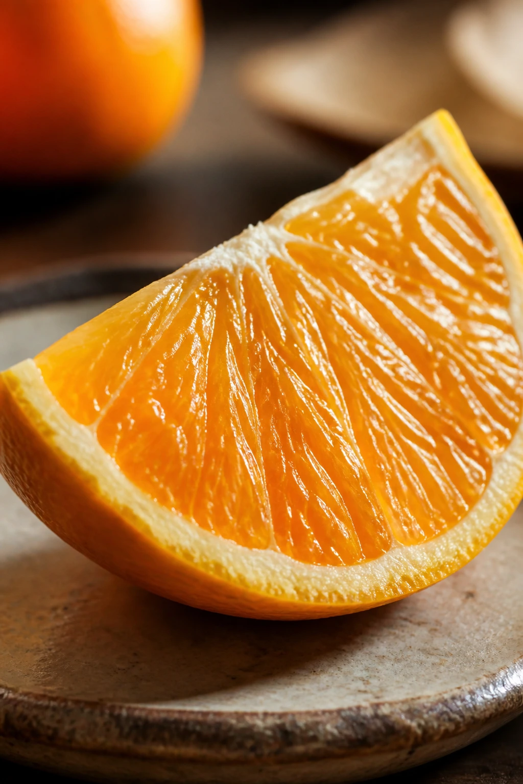 The Top 10 Evidence-Based Health Benefits of Citrus Fruits 7 Close-up of an orange wedge on a rustic plate with soft lighting