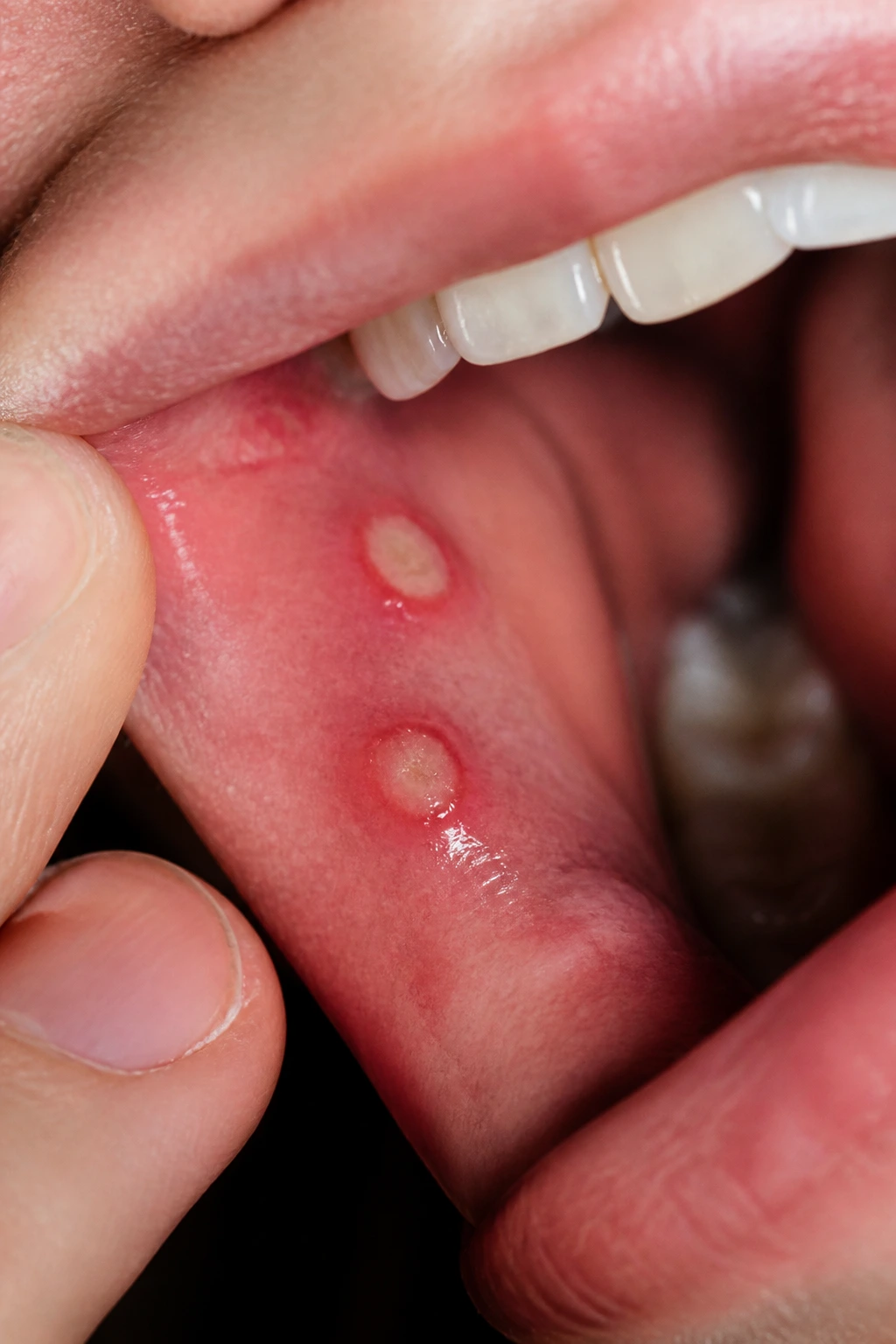 Are Bananas Good For Canker Sores? 1 Close-up of canker sores inside the mouth on the inner cheek