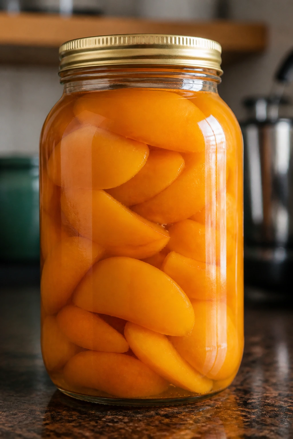 Jar of canned apricots on a kitchen counter