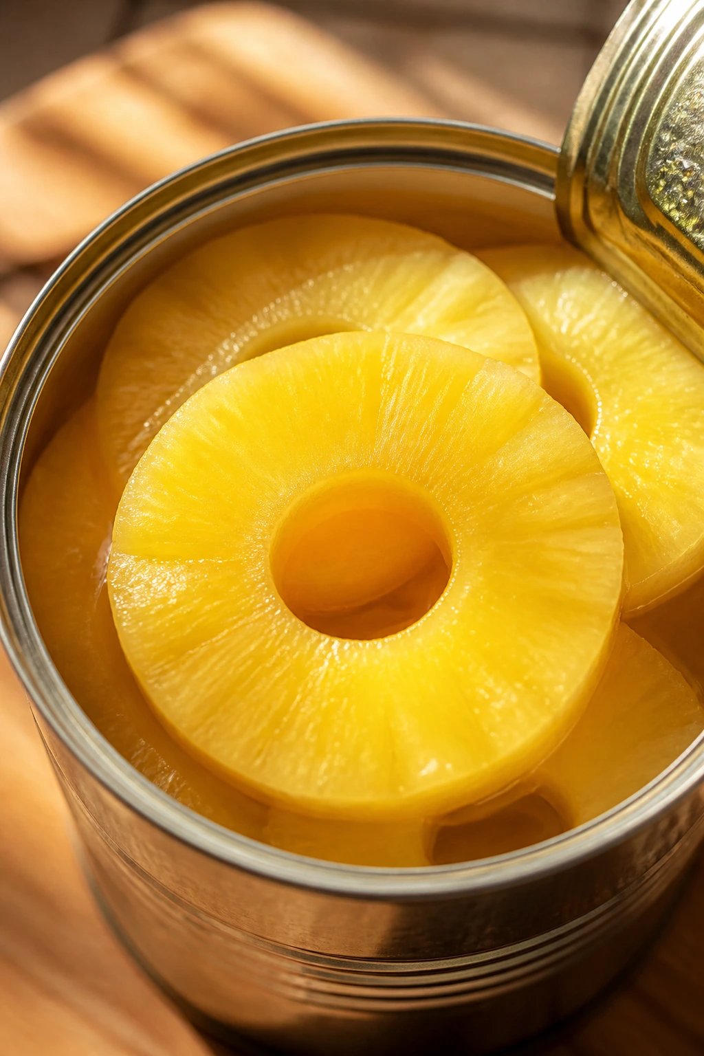 Is Canned Pineapple Good For Arthritis Patients? 1 Close-up of an opened can of pineapple slices filling the frame in a sunlit kitchen