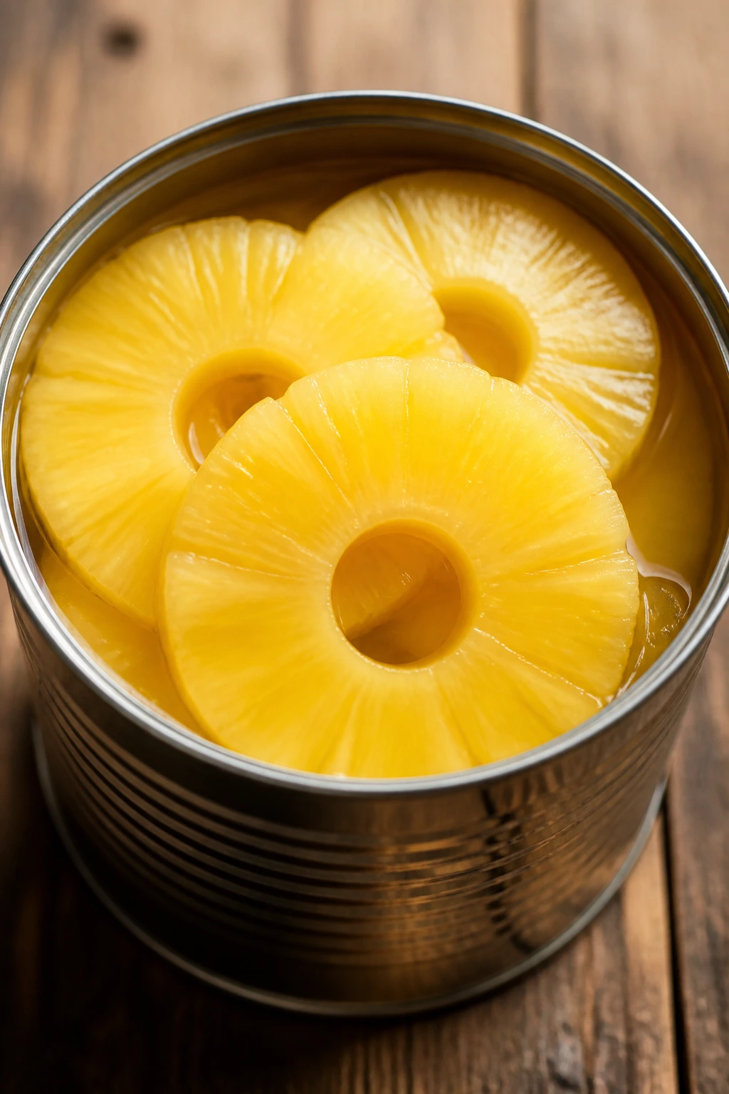 Is Canned Pineapple Good For Arthritis Patients? 2 Canned pineapple can filling the frame on a rustic table in natural light