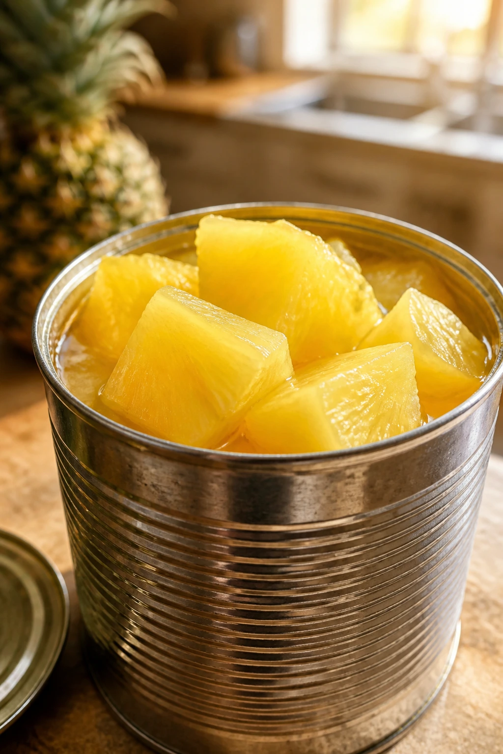 How Long Do Canned Pineapples Last? 1 Close-up of an opened can of pineapple with chunks visible on a warm kitchen counter