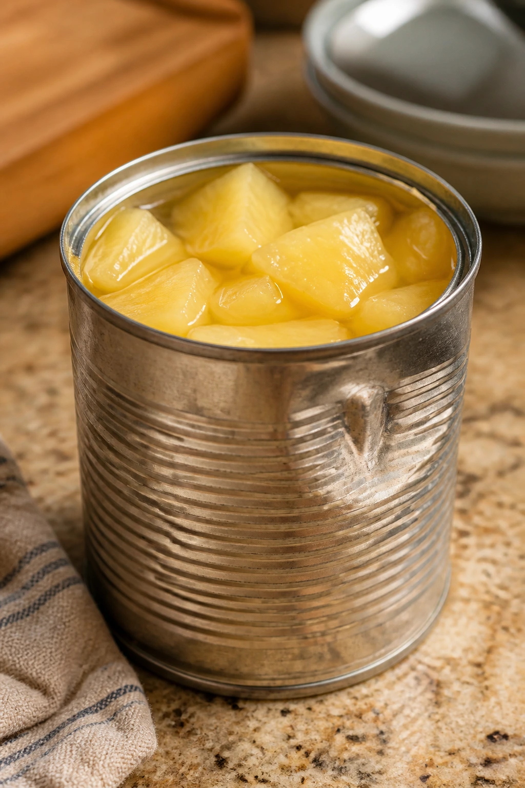 How Long Do Canned Pineapples Last? 2 Opened can of pineapple with chunks visible on a kitchen counter