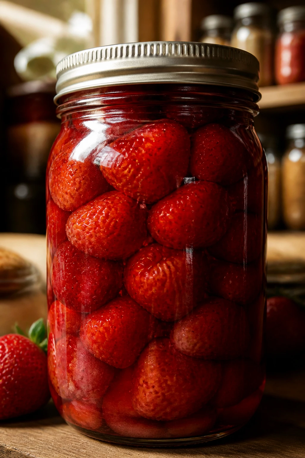 How To Can Strawberries Properly - The Right Way To Do It 1 Close-up of a glass jar filled with canned strawberries in a warm kitchen pantry