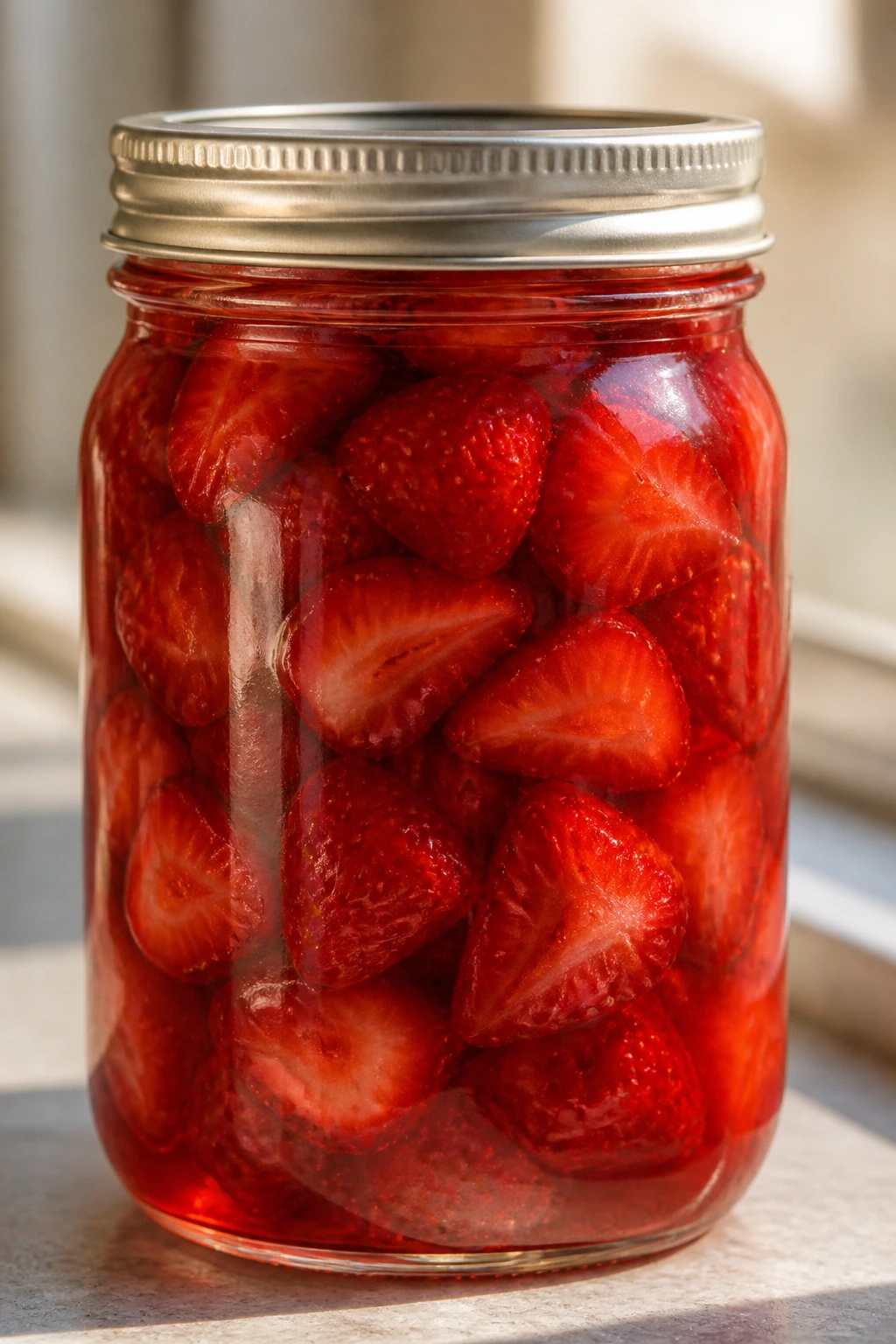 How To Can Strawberries Properly - The Right Way To Do It 2 Close-up of a jar of canned strawberries on a sunny kitchen counter