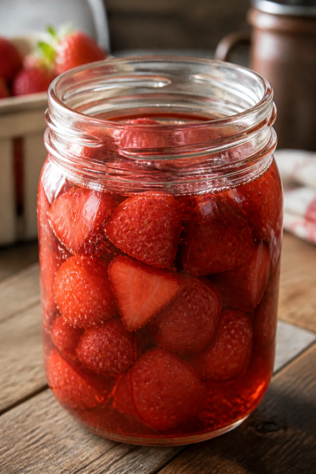 How To Can Strawberries Properly - The Right Way To Do It 3 Close-up of a jar of canned strawberries on a rustic wooden table