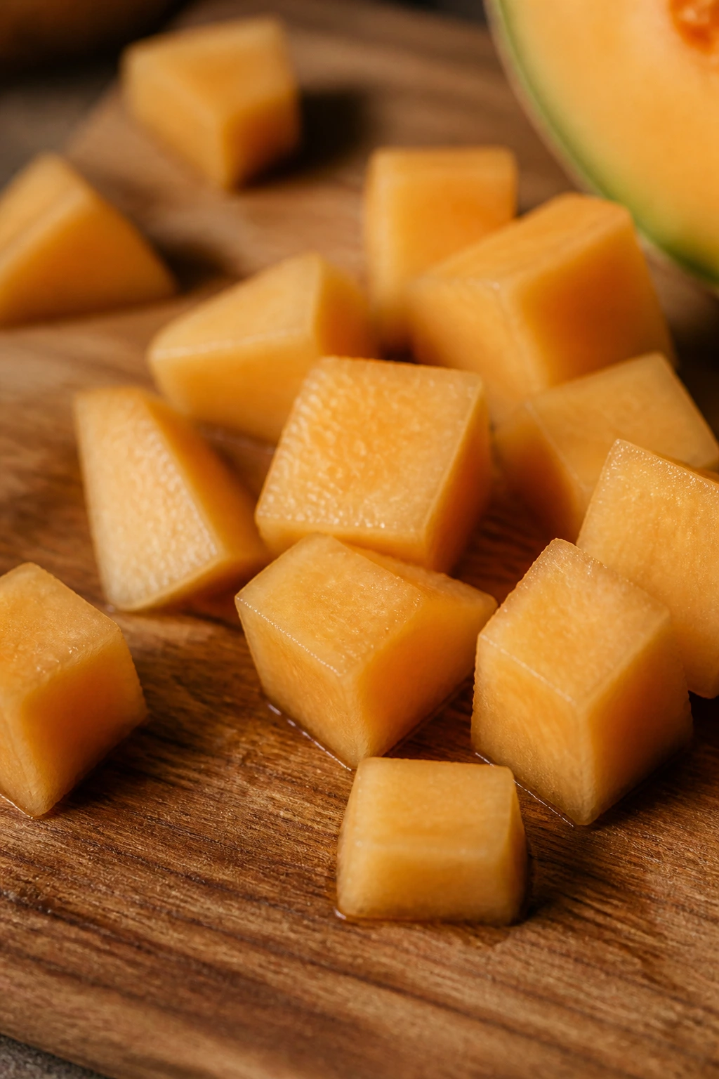 Tiny cantaloupe bites on wooden surface