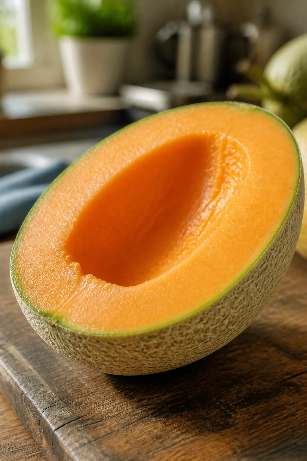 Close-up of halved cantaloupe showing bright orange flesh on wooden board