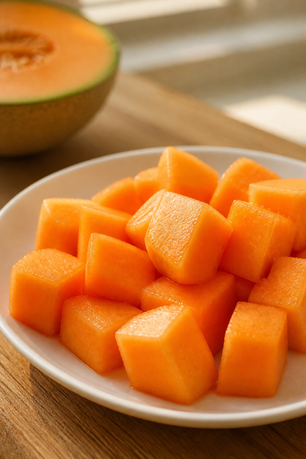 Cantaloupe cubes on plate in kitchen light