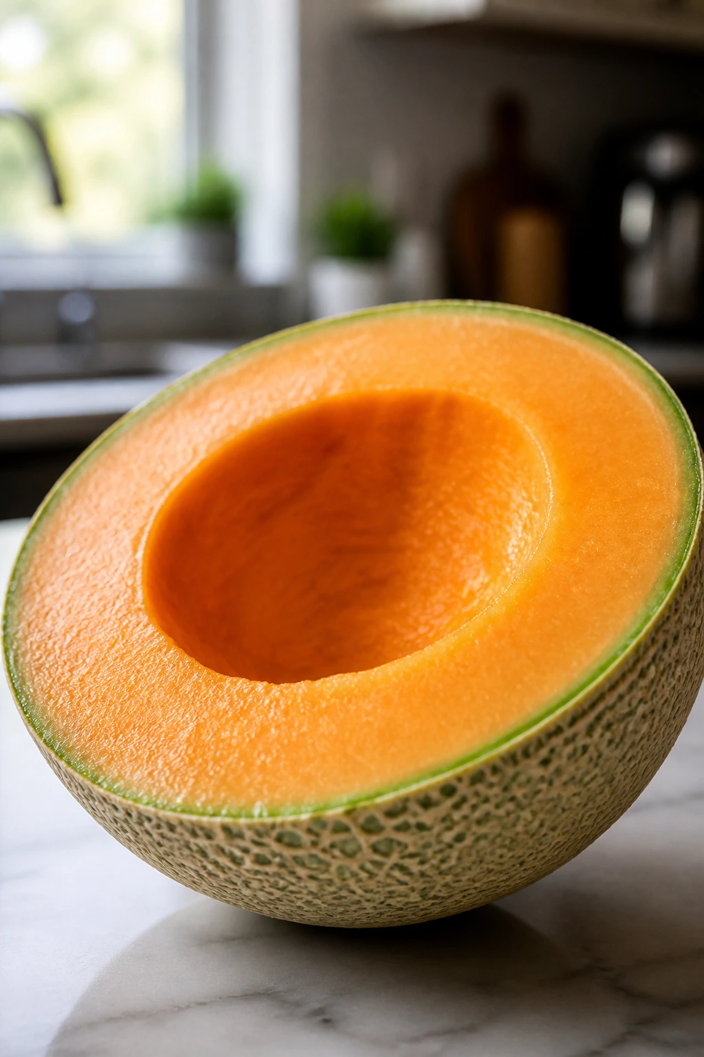 Cantaloupe half with rind on kitchen counter