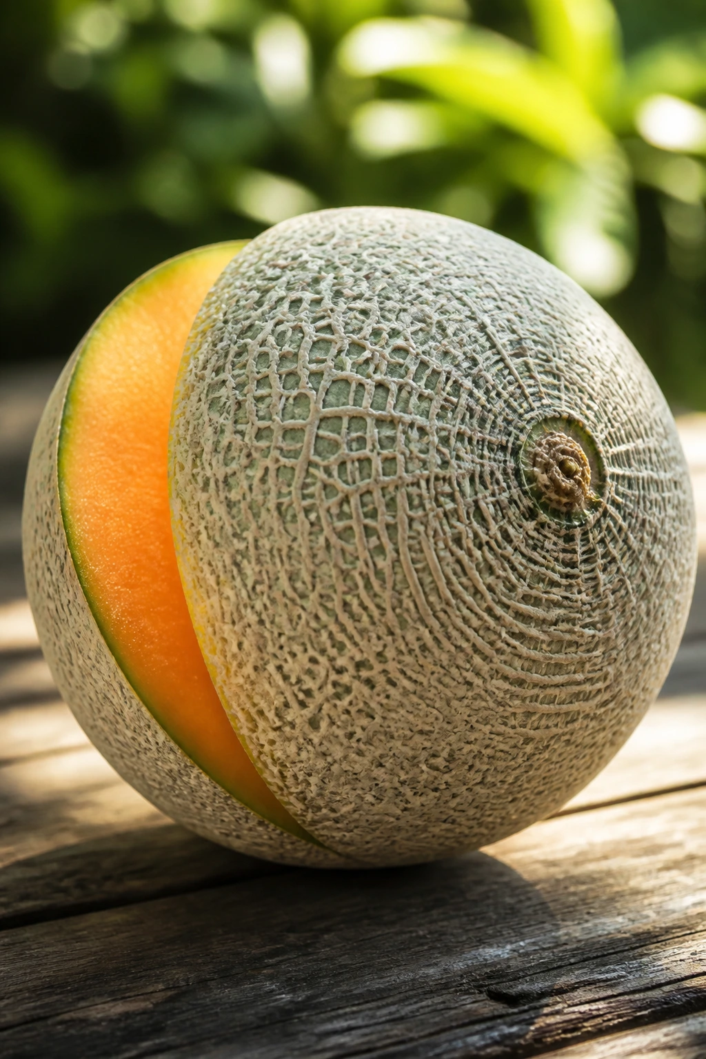 Is Cantaloupe A Tropical Fruit? All You Need To Know 3 Close-up of cantaloupe resting on a wooden surface with rind texture