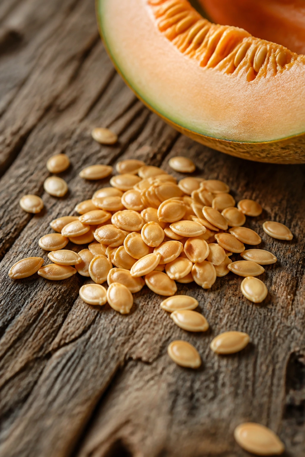 Cantaloupe seeds scattered on wooden table