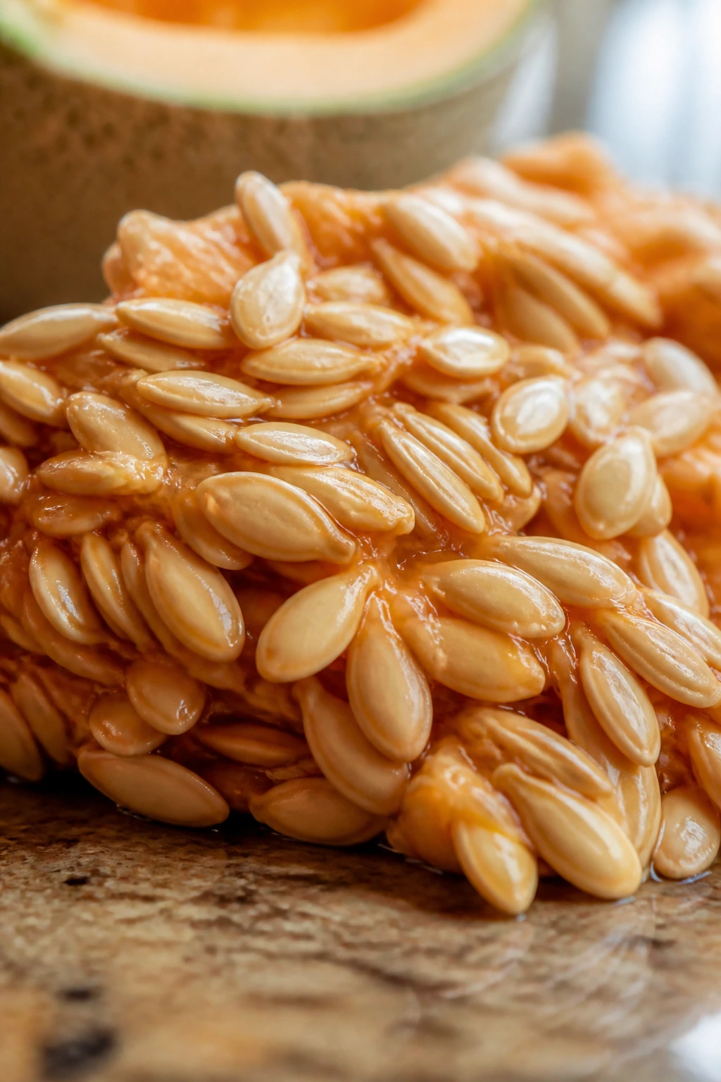Close-up of fresh cantaloupe seeds on a kitchen counter
