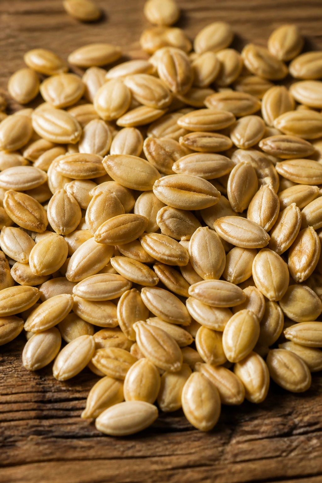 Dense cluster of cantaloupe seeds on rustic wood