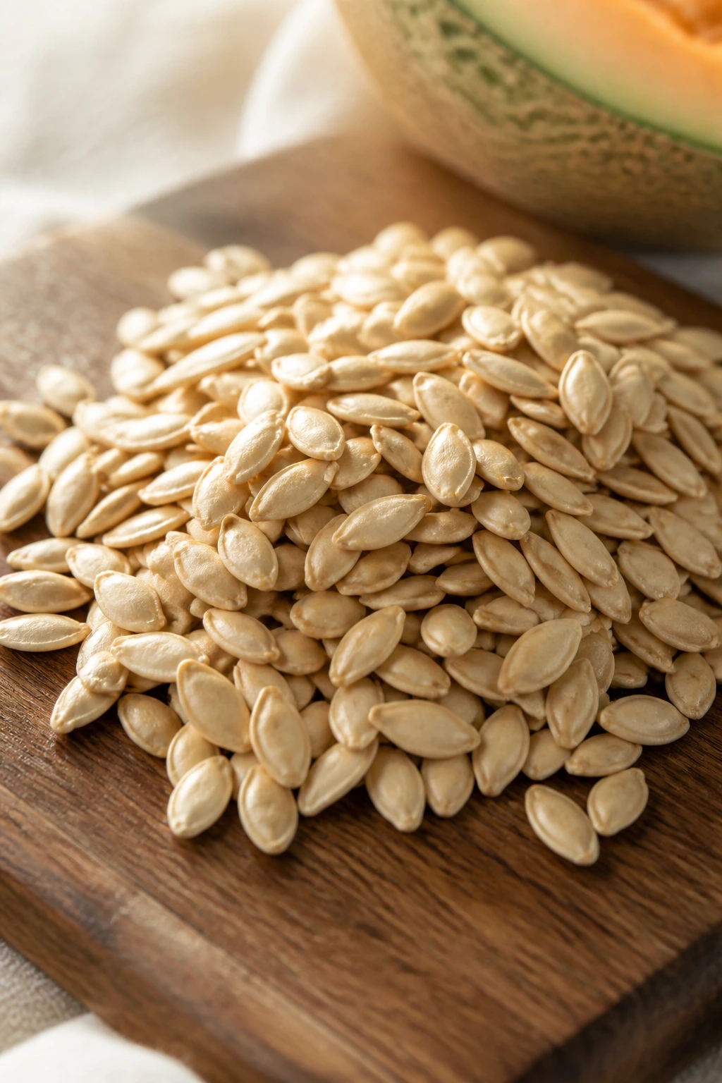 Close-up pile of cantaloupe seeds on wooden board
