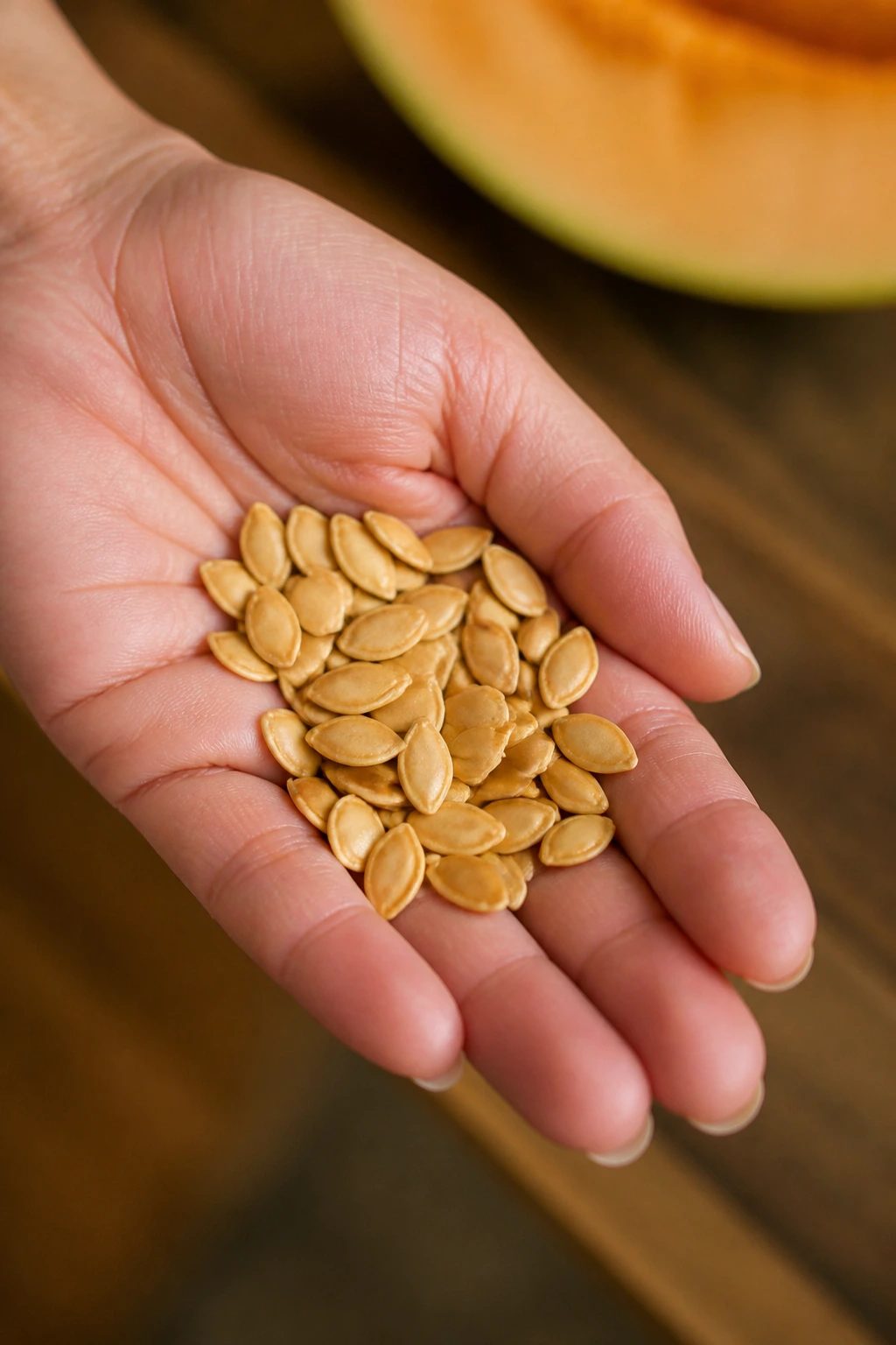 Hand holding cantaloupe seeds in a kitchen