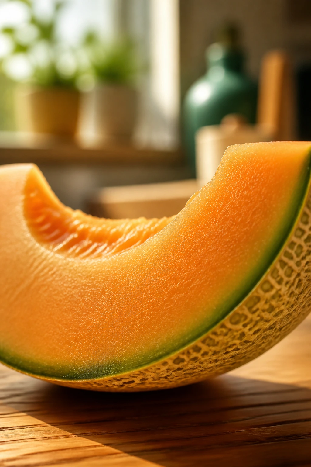 Is Cantaloupe A Tropical Fruit? All You Need To Know 2 Close-up of cantaloupe wedge filling the frame on a wooden table
