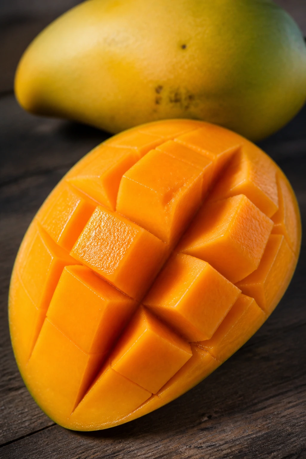 Close-up of a Carabao mango on a wooden surface