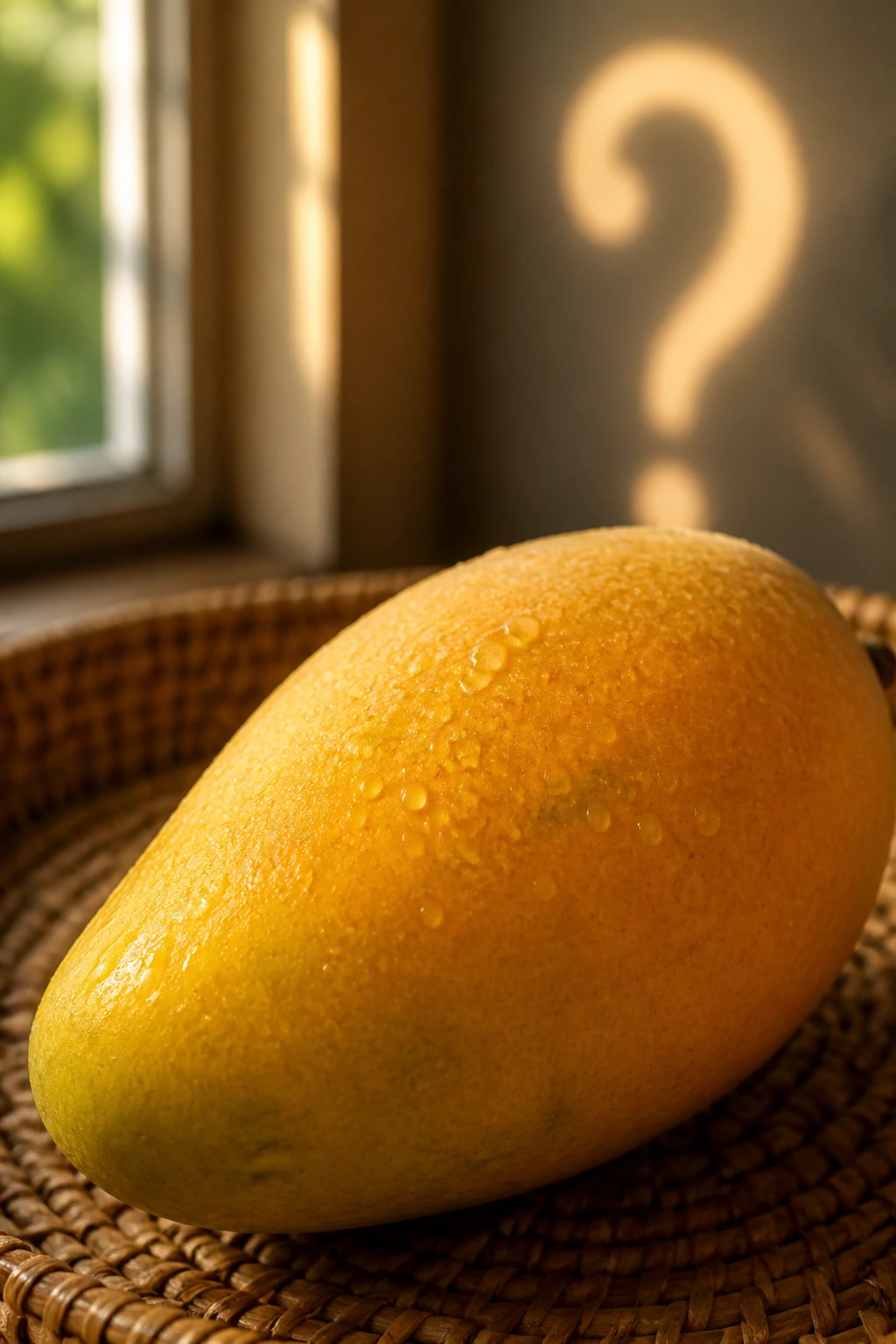 Carabao mango with soft question-mark light in the background
