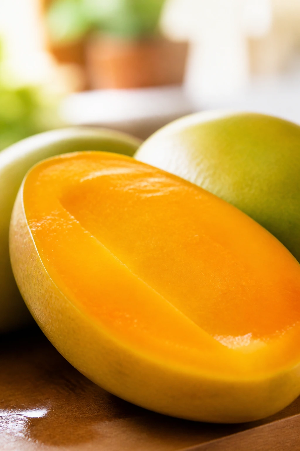 Juicy Carabao mango cut open to show vibrant flesh on kitchen counter