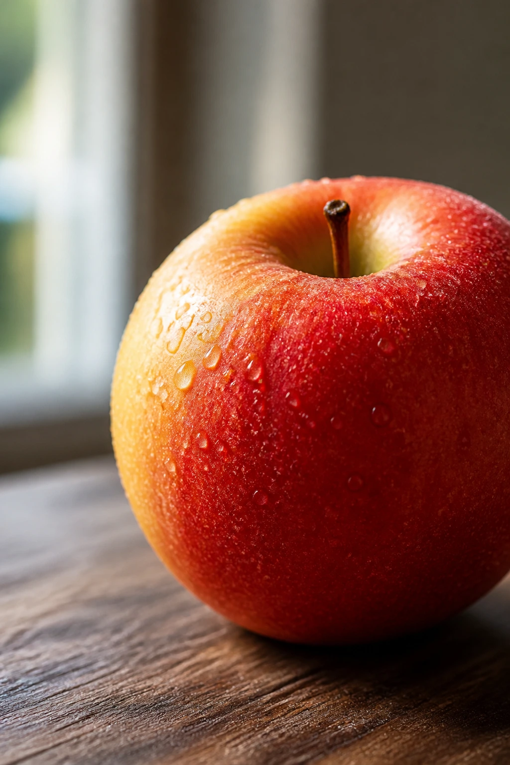 Apple on wooden surface with water droplets suggesting care after eating.