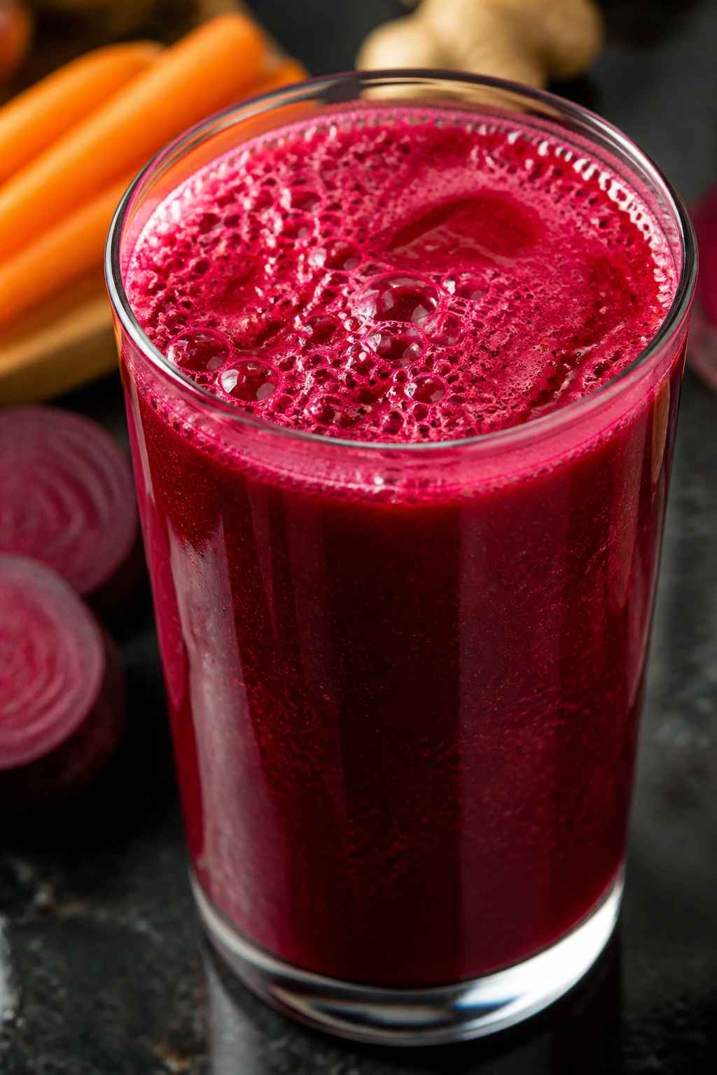 Close-up of carrot beet ginger juice in a glass on a kitchen counter