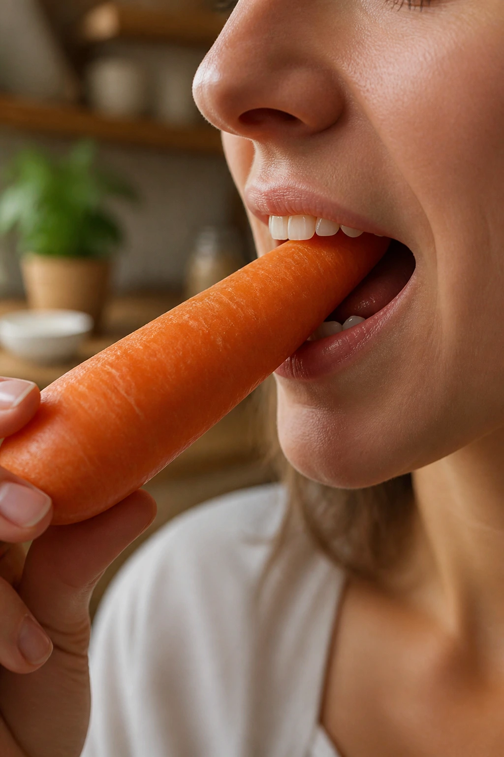 What Is The pH Of A Carrot? Is It Acidic Or Alkaline? 5 Close-up of a carrot near open lips as it is being bitten, warm kitchen