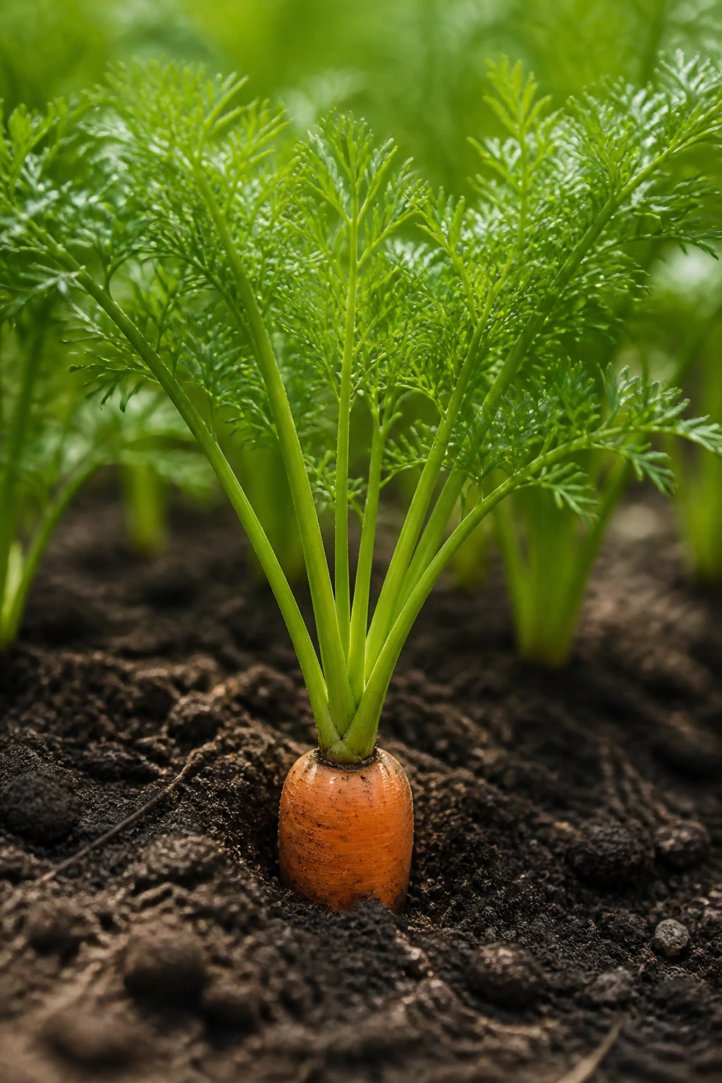 Gardener's Guide: The Best Fertilizer For Carrots 3 Carrot plant with green leaves and exposed orange root in garden soil