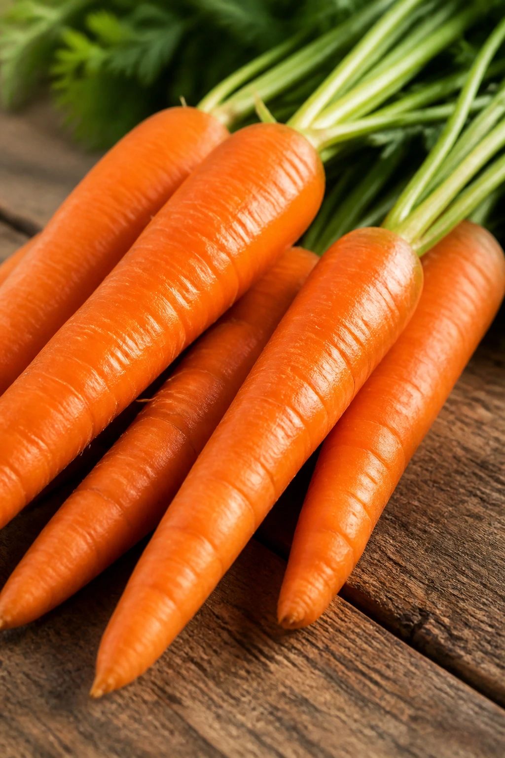 Cluster of fresh carrots on a wooden surface bathed in sunlight
