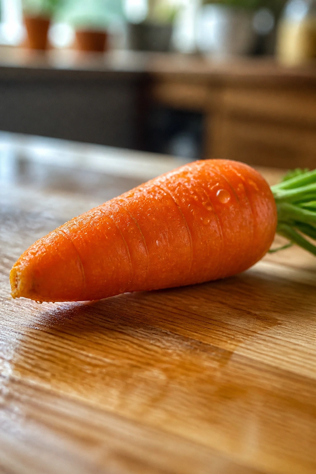 Water-droplet covered carrot on a wooden counter