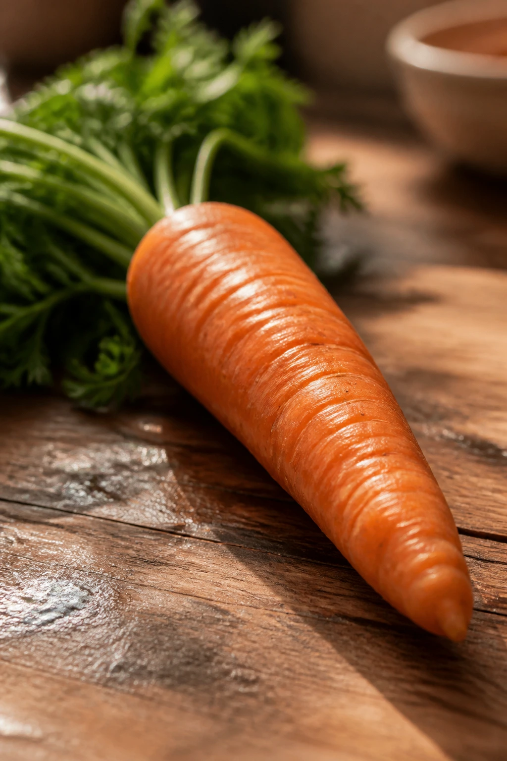 Close-up of a single carrot on a wooden surface in warm light