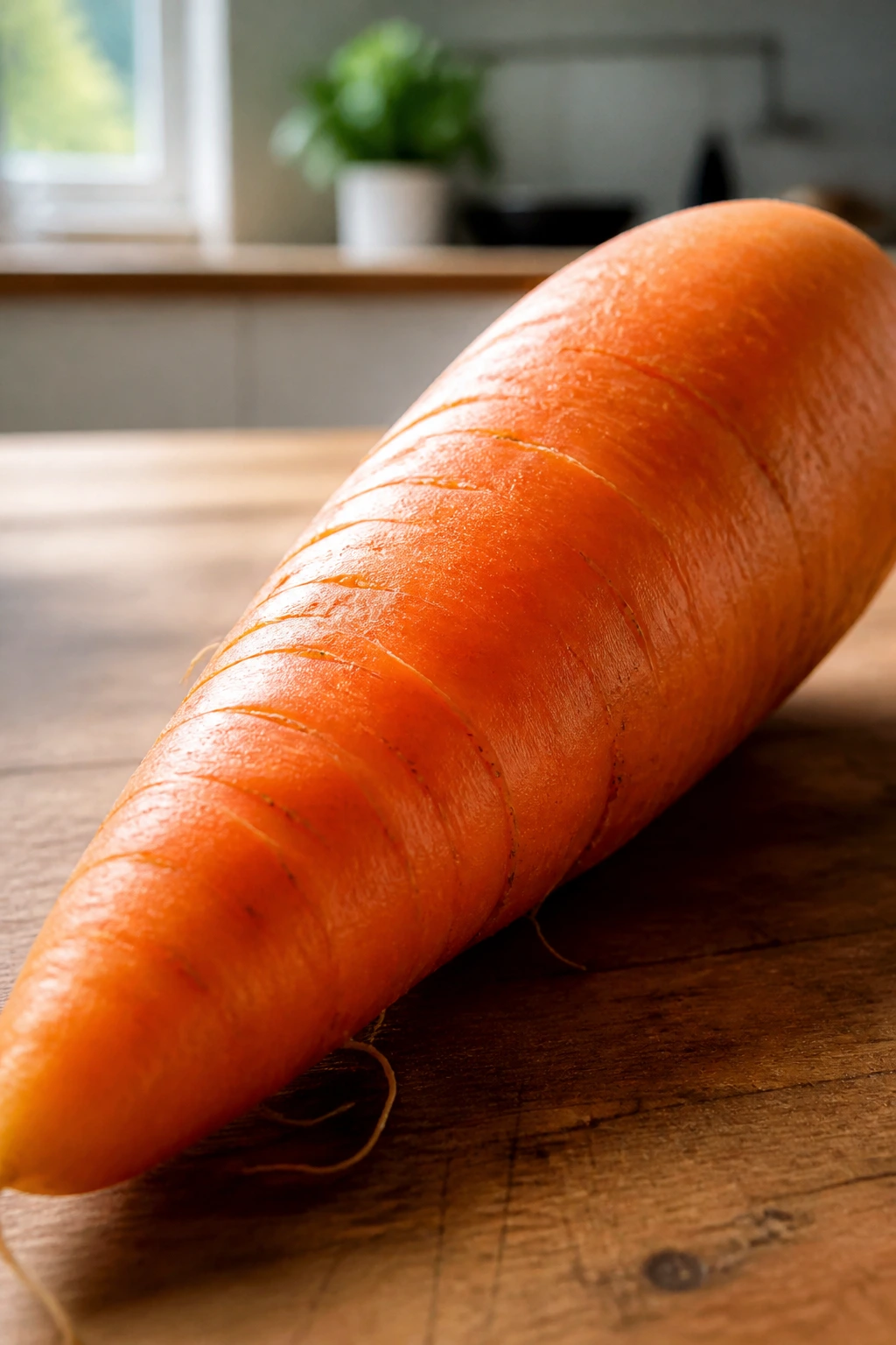 Close-up of a single orange carrot on a wooden kitchen counter in natural light