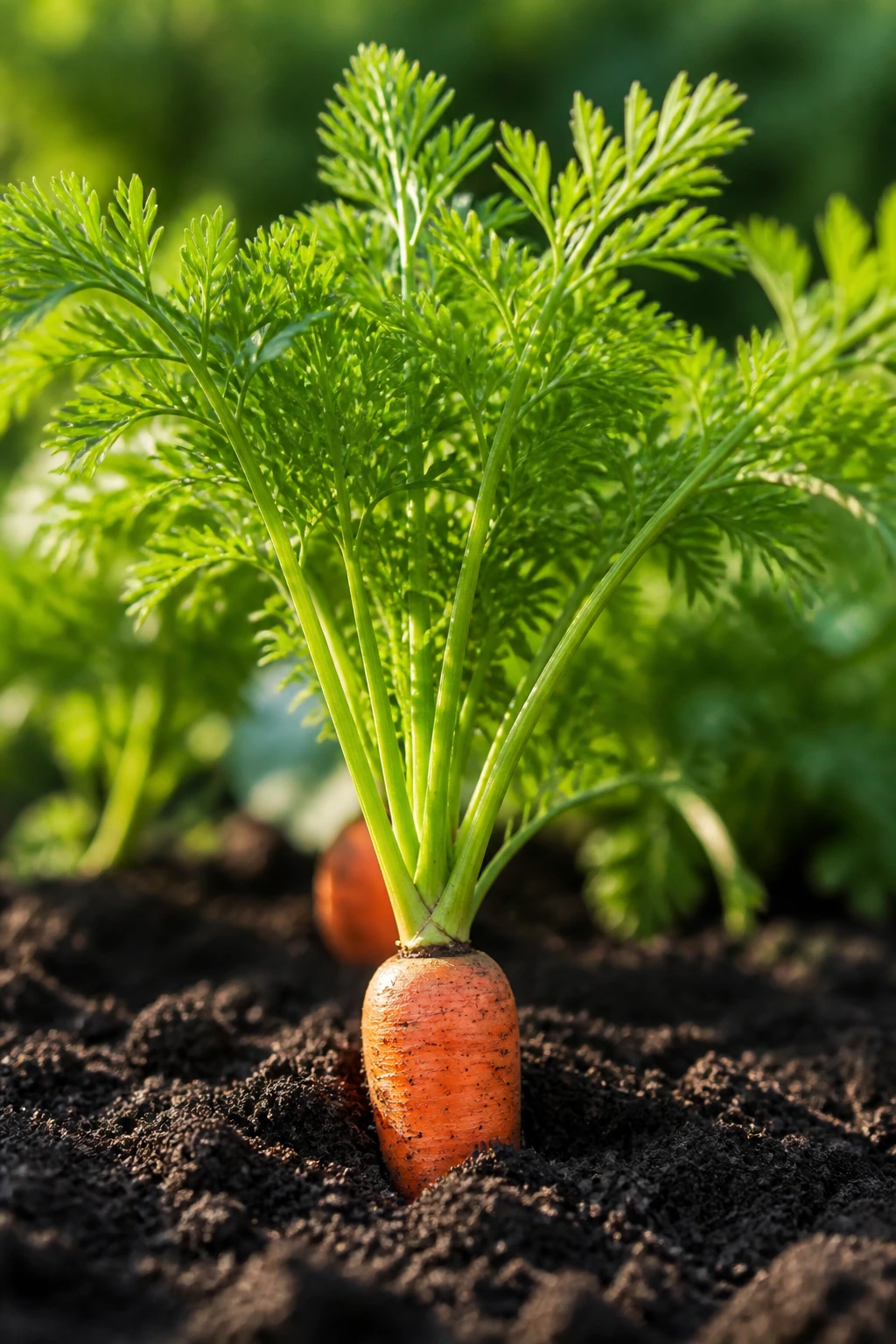 Gardener's Guide: The Best Fertilizer For Carrots 1 Close-up of a healthy carrot plant with green leaves and visible orange root in soil