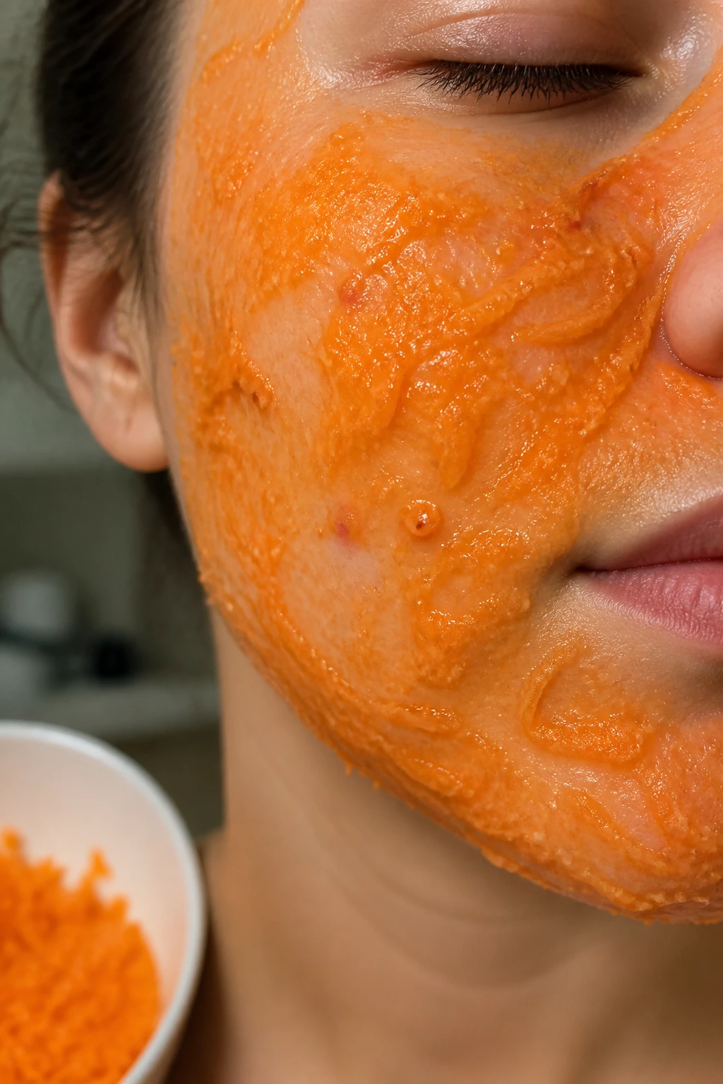 Close-up of a real person's cheek with carrot facial mask