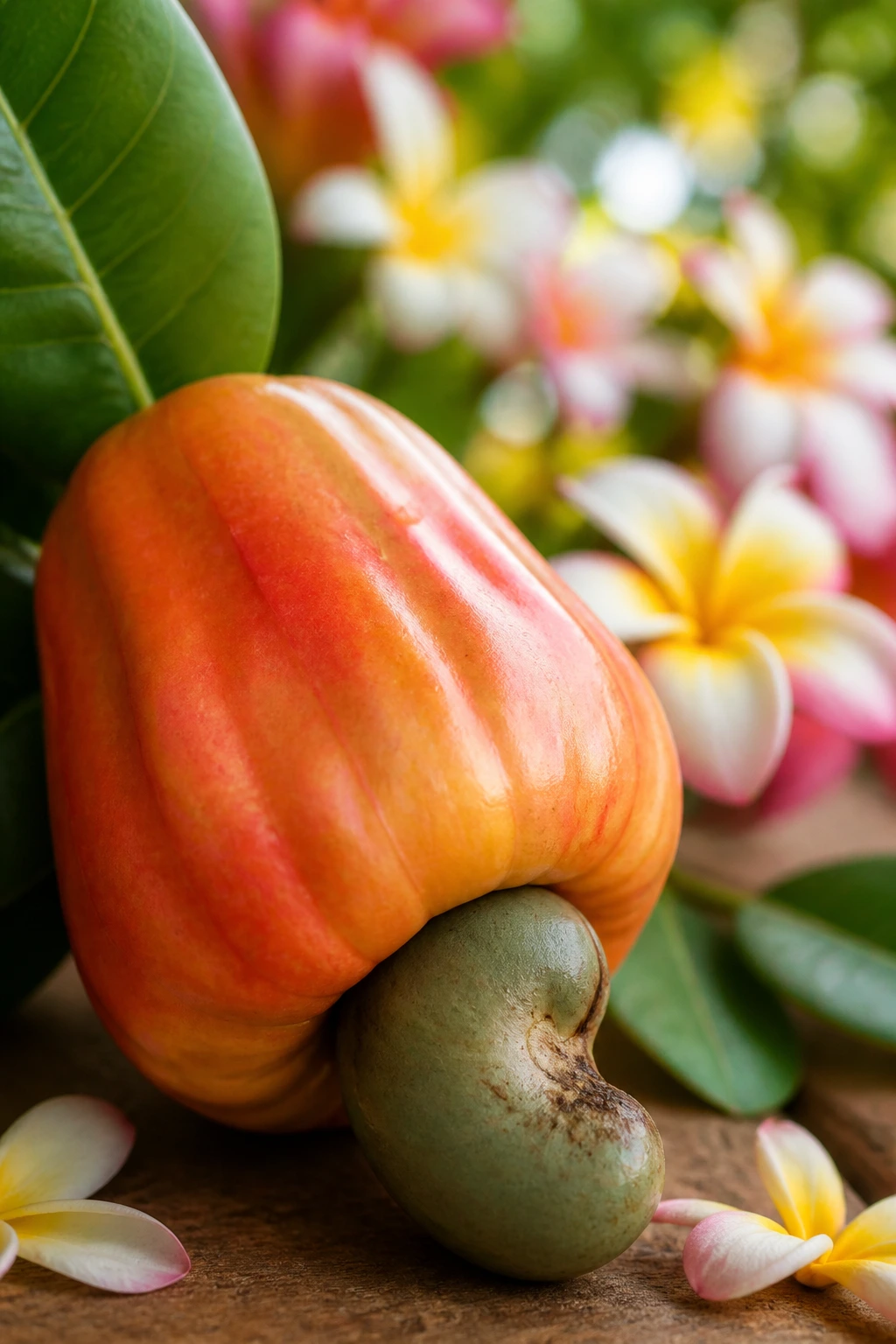 What Does Cashew Fruit Taste Like? 3 Cashew fruit foreground with flowery background suggesting fresh aroma