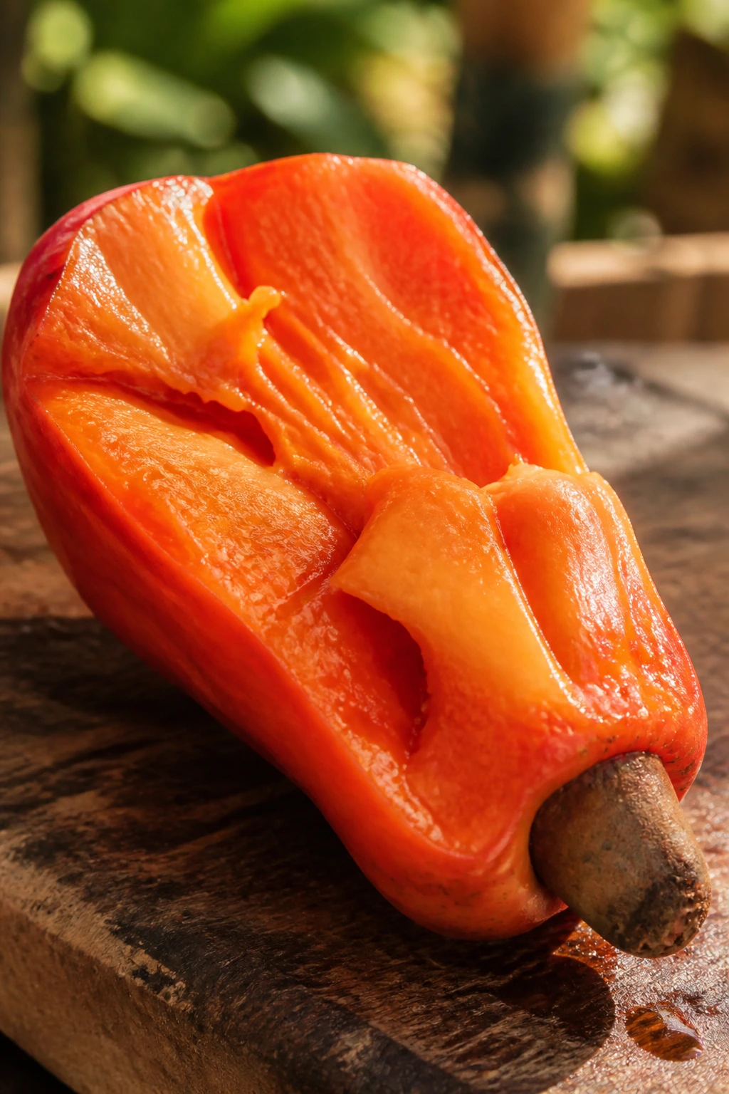 What Does Cashew Fruit Taste Like? 1 Close-up of cashew fruit flesh showing sweet tropical flavor