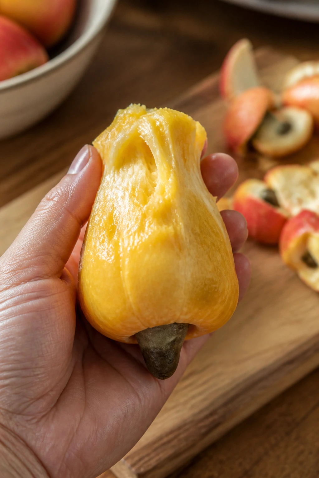 What Does Cashew Fruit Taste Like? 8 Close-up of peeled cashew fruit ready to eat in a kitchen setting