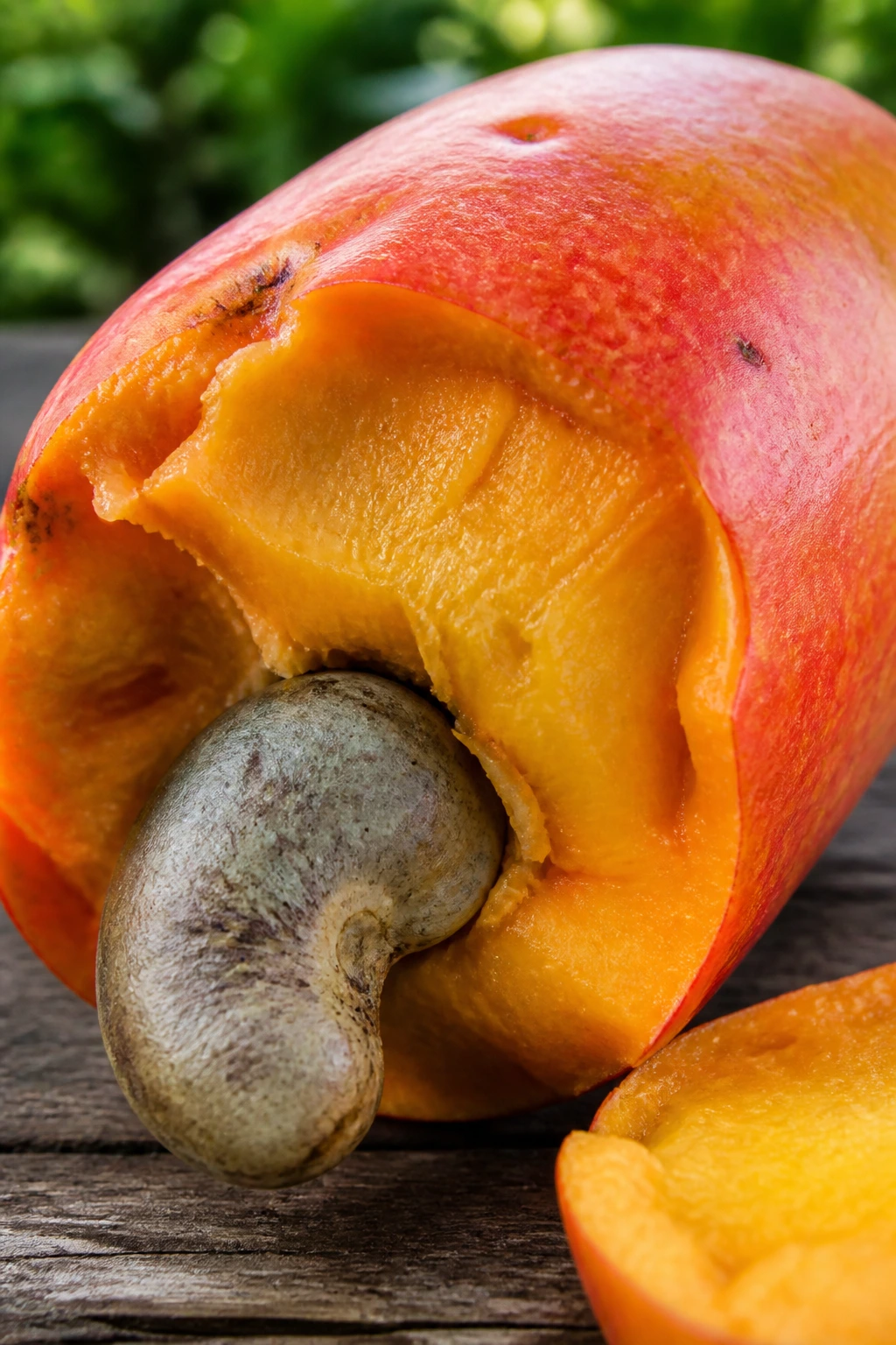 What Does Cashew Fruit Taste Like? 5 Close-up of cashew skin and juice showing strong flavors