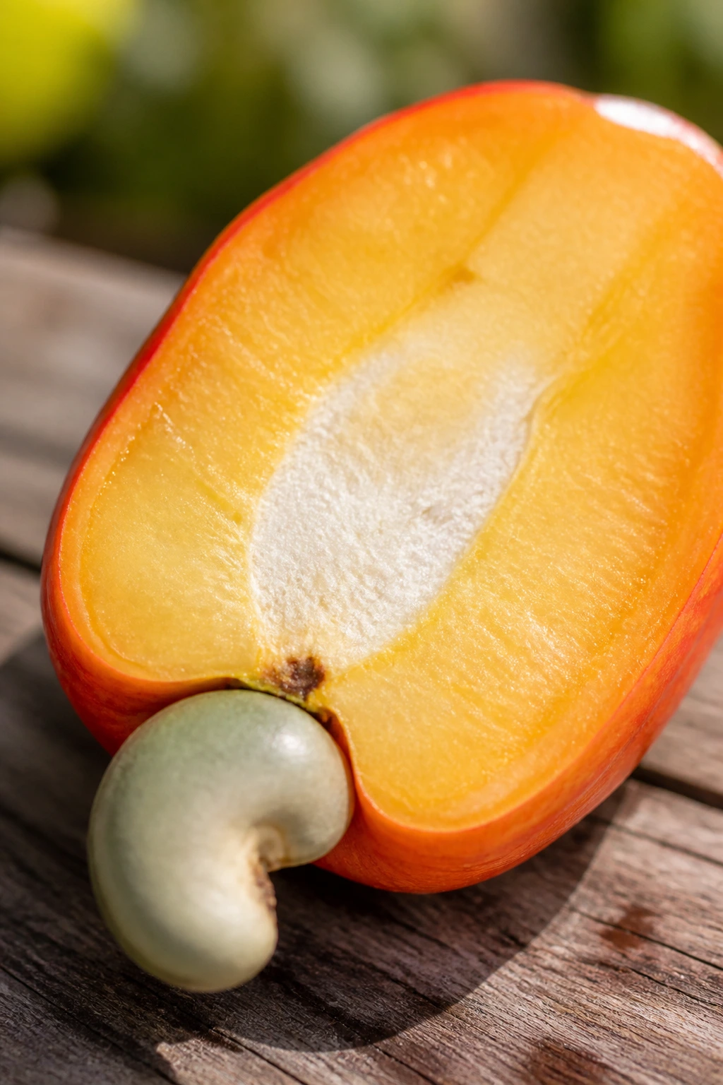 What Does Cashew Fruit Taste Like? 2 Close-up of cashew fruit slice showing sweet-tart contrast