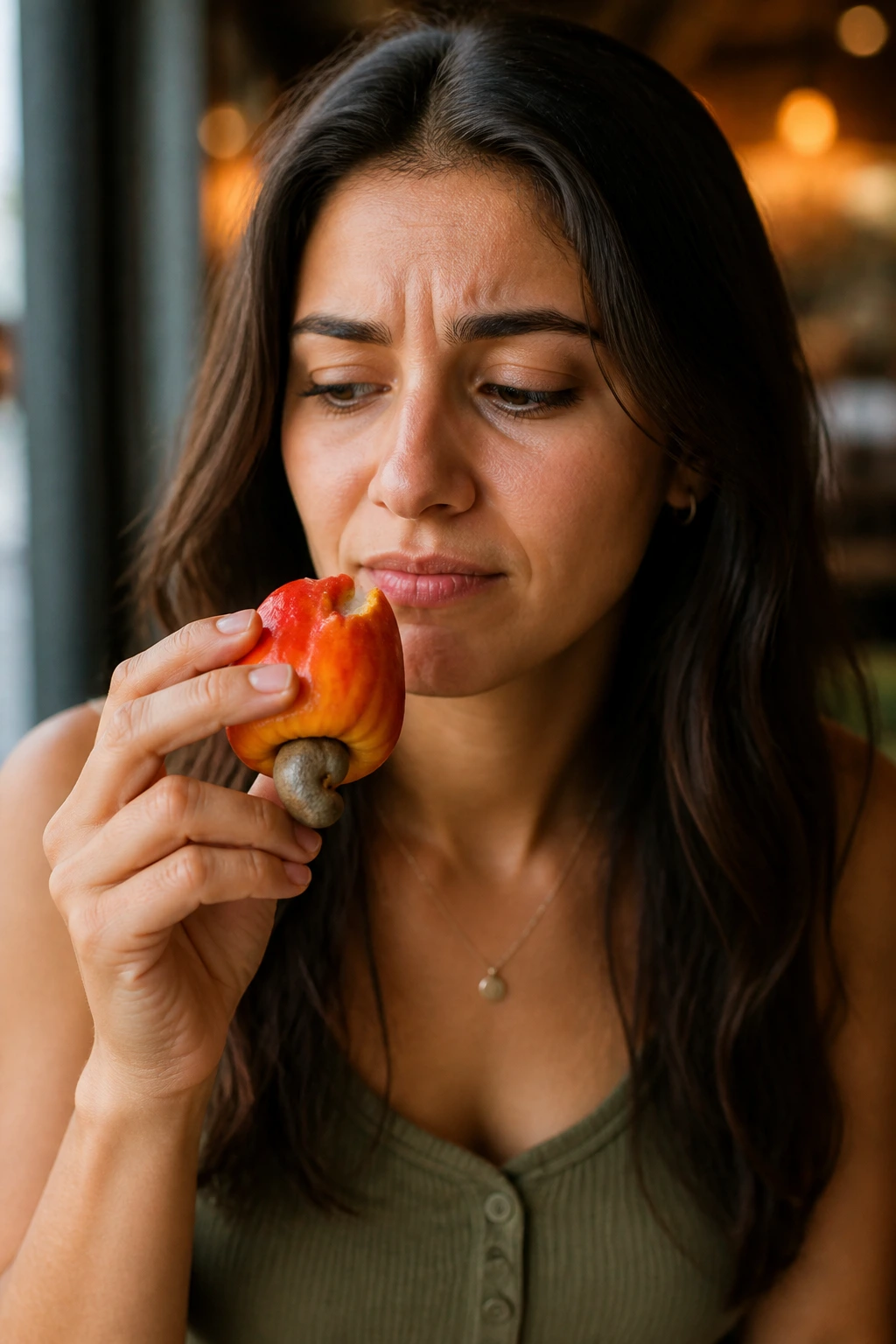 What Does Cashew Fruit Taste Like? 7 Close-up of a real person hesitating before tasting cashew fruit in a cafe setting