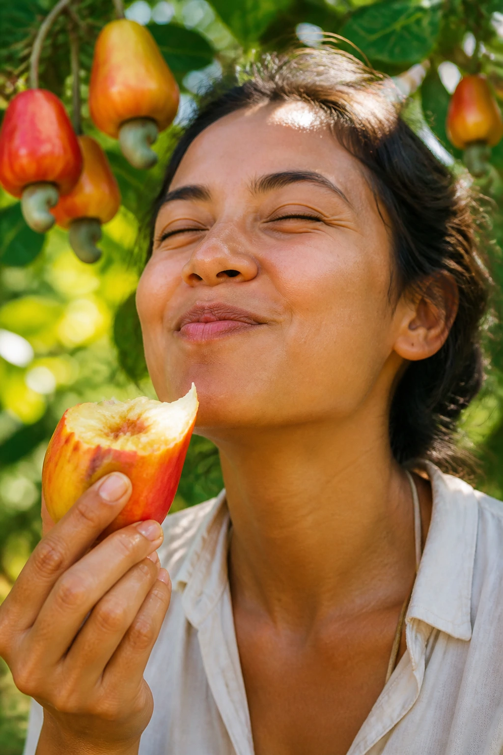 What Does Cashew Fruit Taste Like? 9 Portrait of a real person enjoying cashew fruit in a tropical outdoor setting
