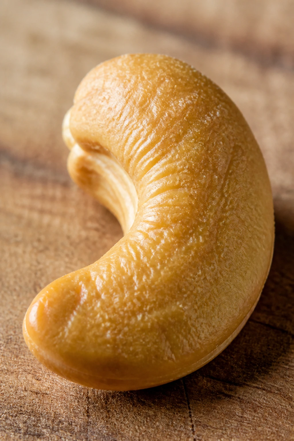 How To Grow Cashew Nuts From Seeds: Step-By-Step Guide 3 Close-up of a single cashew nut on a wooden cutting board