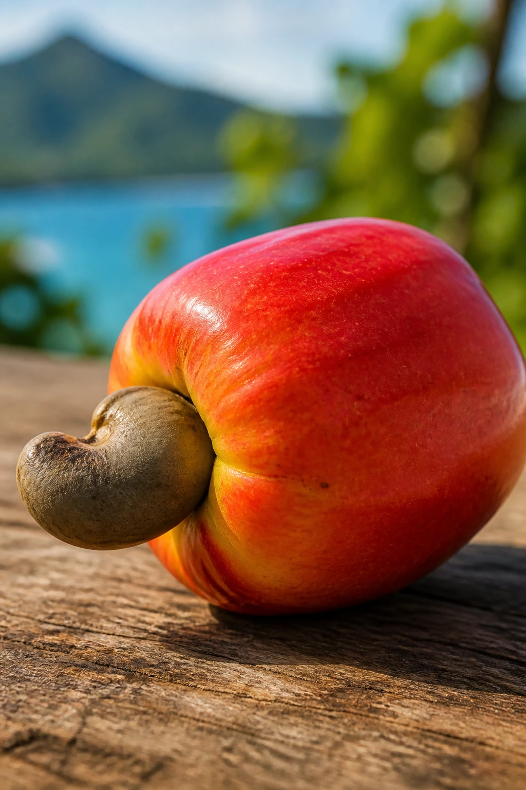What Does Cashew Fruit Taste Like? 6 Cashew fruit on rustic surface with blurred tropical landscape