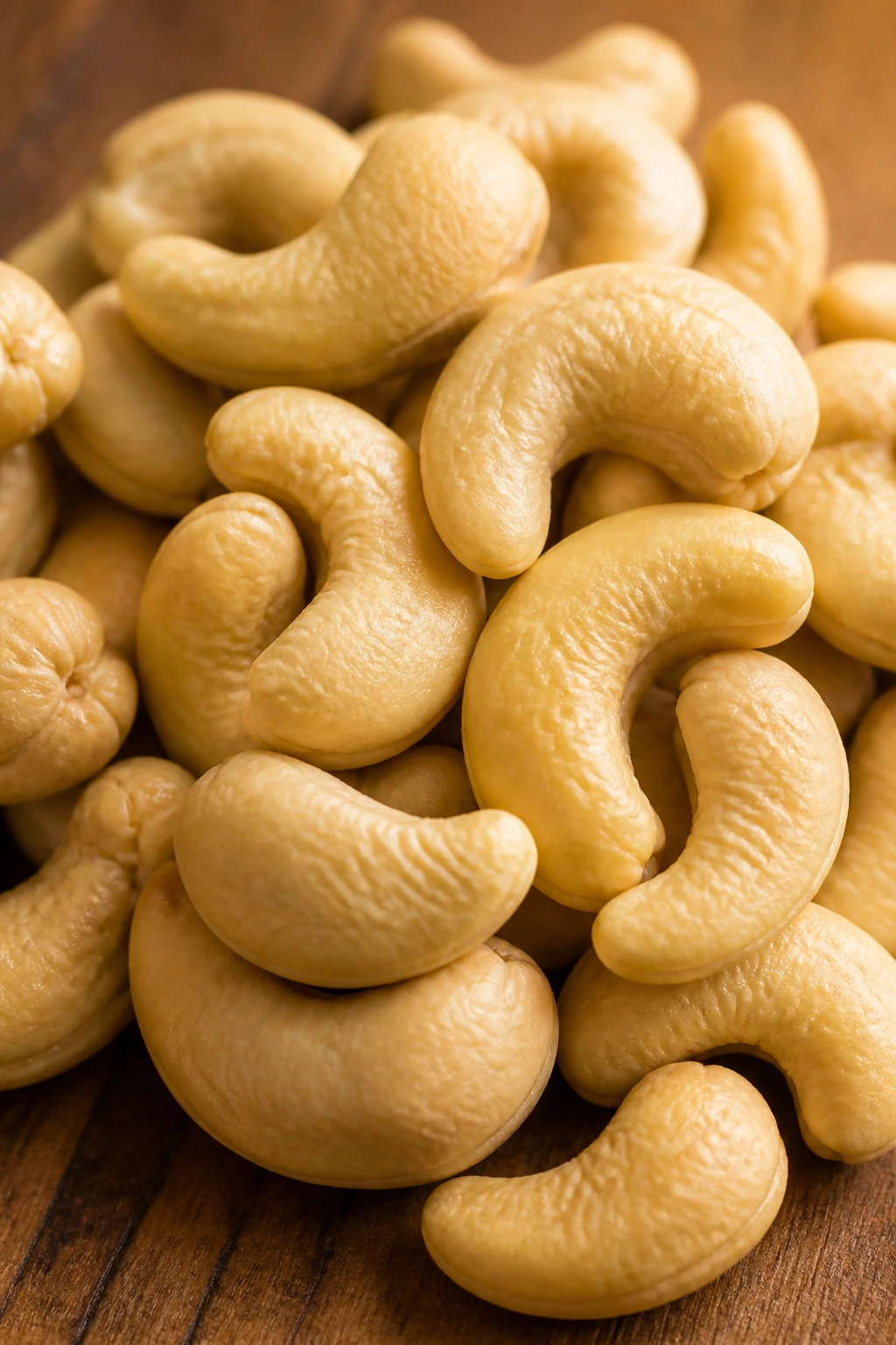 Close-up cashews showing curved shapes on wooden surface