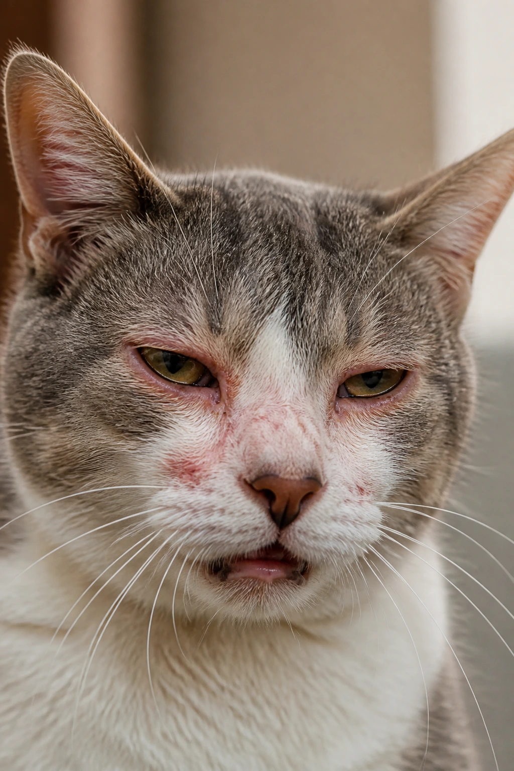 Cat face showing suspected allergy symptoms in a calm home